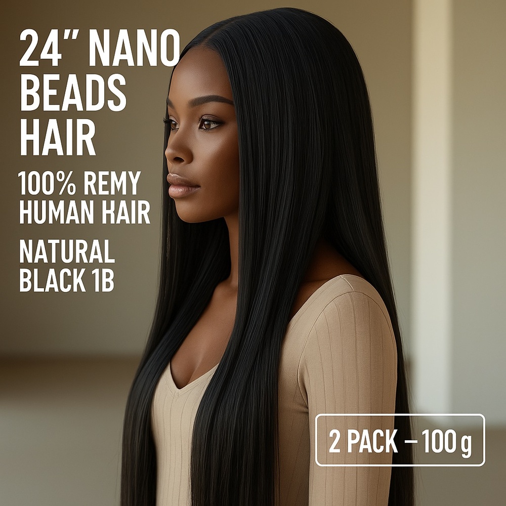 24" Nano Beads Hair Extensions 100g (2 Pack) | Natural Black 1B
